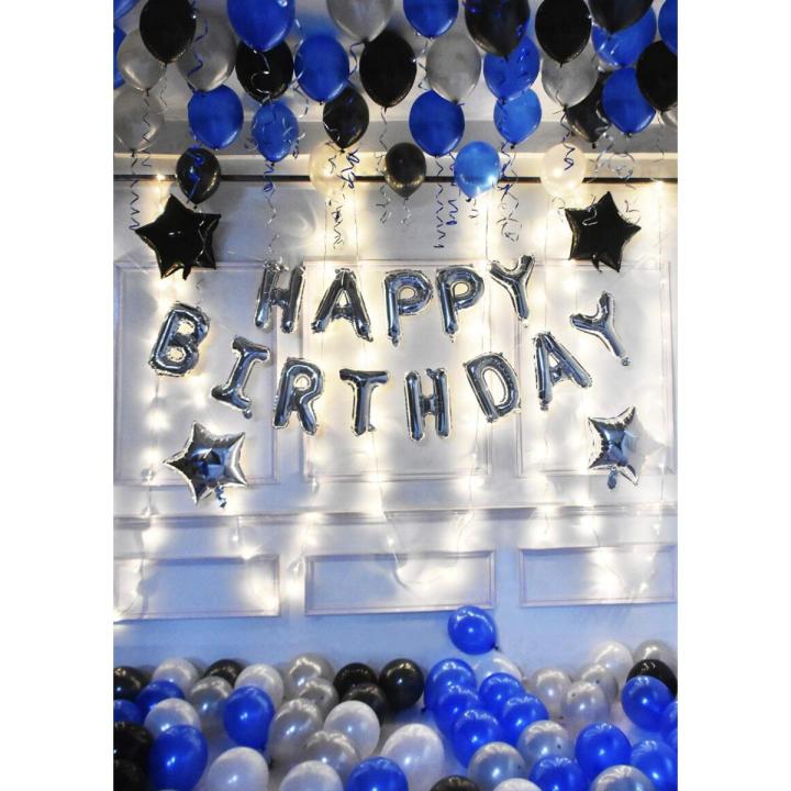 Happy Birthday Blue And Silver Balloons Theam Decoration Kit 34Pcs Set for Husband Kids Boys Balloons Decorations Items Combo with Helium Letters Foil Balloon, Star Balloon, Banner, Latex Metallic Balloons With Fairy Led Lights