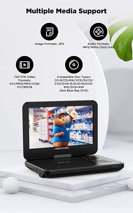 DBPOWER%2012.5"%20Portable%20DVD%20Player%20with%2010.5"%20Swivel%20Screen,%20Built-in%205%20Hours%20Rechargeable%20Battery,%20Supports%20All%20Region,%20Earphone/SD%20Card/USB/AV-in/AV-out%20(Black)%20-%20Image%202