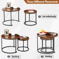 Small Round Coffee Tables for Living Room Apartment, Set of 2 Industrial Nesting Side End Table w/Wooden Surface Top and Sturdy Metal Legs Modern Table, Rustic Brown. 