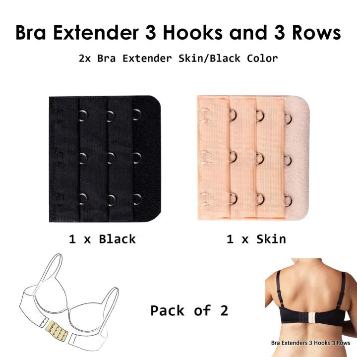 Pack Of 2 Extended Buckle Belt Lengthened Bra Extenders 3 Row and 3 Extension Hooks for Women Brassiere in Black and Skin