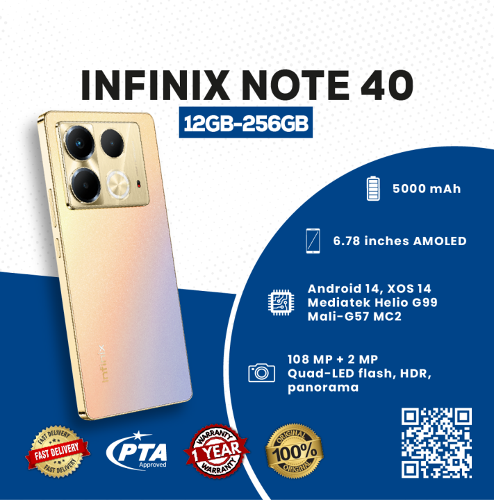 Infinix Note 40, 8GB RAM + 256GB ROM, 120Hz AMOLED LCD 6.78 inches Display, 5000 mAh Battery, 108MP Triple Camera, Mediatek Helio G99 Ultimate Chipset, With 1 Year Warranty