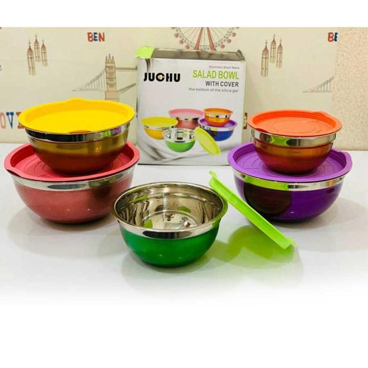 Multi Color 5 Pcs Stainless Steel Salad Bowl With Cover Multi Color