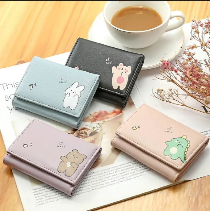 Chic Cartoon-Themed Tri-Fold PU Leather Wallet for Women - Casual Animal Print Credit Card Holder