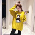 Korean Fashion Medium And Long Clothes Female Autumn Dress Korean Version Loose Thin Cartoon Print Round Collar Bf Student Coat. 