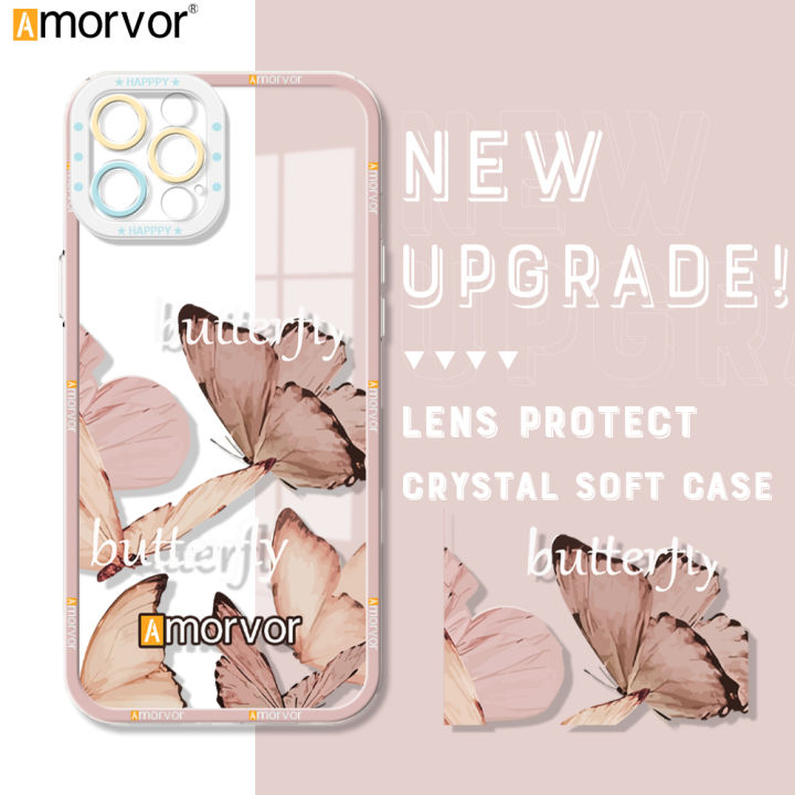 AMORVOR for iPhone 14 Pro Max Back Cover Cartoon Butterfly Crystal Phone Cover Camera Protection Transparent TPU Soft Case