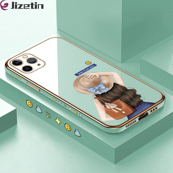 Jizetin (Free Lanyard) for iPhone 11 Pro Back Cover Girl In Hat Luxury 6D Plating Case Side Pattern Soft Silicone Square Phone Cases