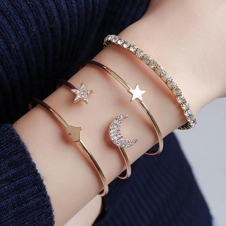 4Pcs Charm Fashion Bracelet Set Crystal Heart Star Moon Rhinestone Bangle Best Gifts For Girls