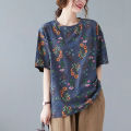 Women Loose Shirt Plus Size Short Sleeves Tops Round Neck Pullover Floral Printing Blouse. 
