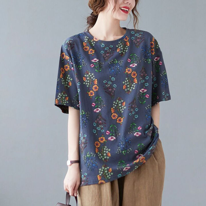 Women%20Loose%20Shirt%20Plus%20Size%20Short%20Sleeves%20Tops%20Round%20Neck%20Pullover%20Floral%20Printing%20Blouse%20-%20Image%204