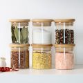 6 pieces Small  Storage Jars with Bamboo Lid 200 ml - Spice Storage Jars Made from Reinforced Borosilicate Glass - Airtight Storage Jars. 