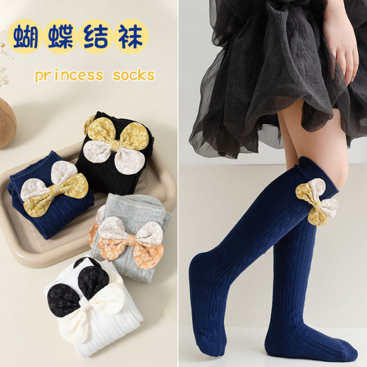 Girls socks spring and autumn two-color butterfly twist children's mid-calf socks solid color baby girl autumn long tube socks