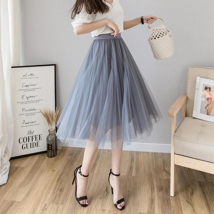 Tulle Skirts Womens Midi Pleated Skirt Black Pink Tulle Skirt Women Spring Summer Korean Elastic High Waist Mesh Tutu Skirt