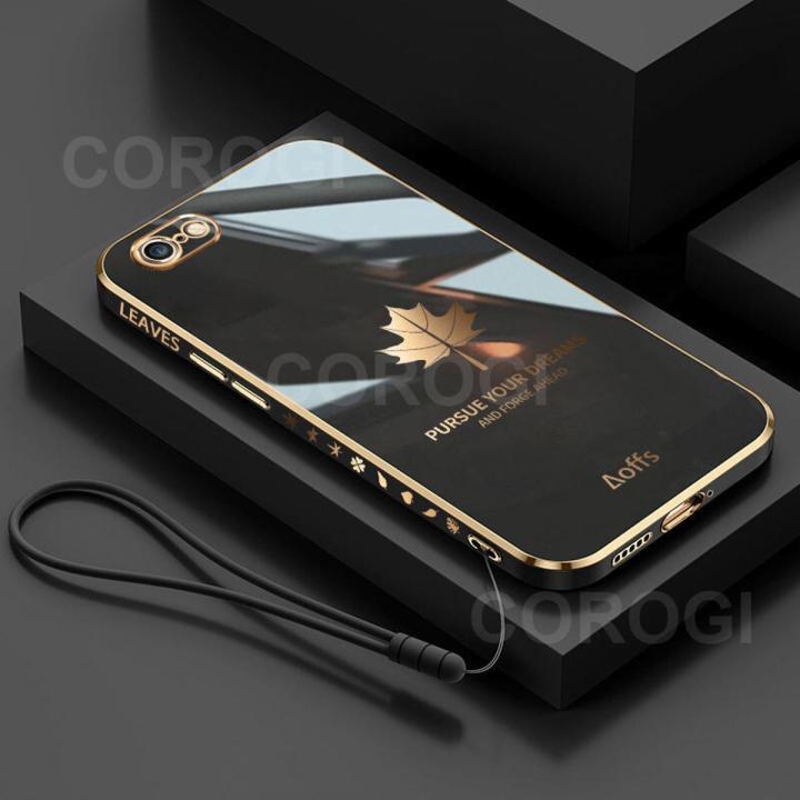 For iPhone 6s / iPhone 6 Back Cover with Hand Strap Luxury Shiny 6D Plating Maple Leaves Pattern Protective Case Square Bumper Soft Silicone Mobile Phone Cases
