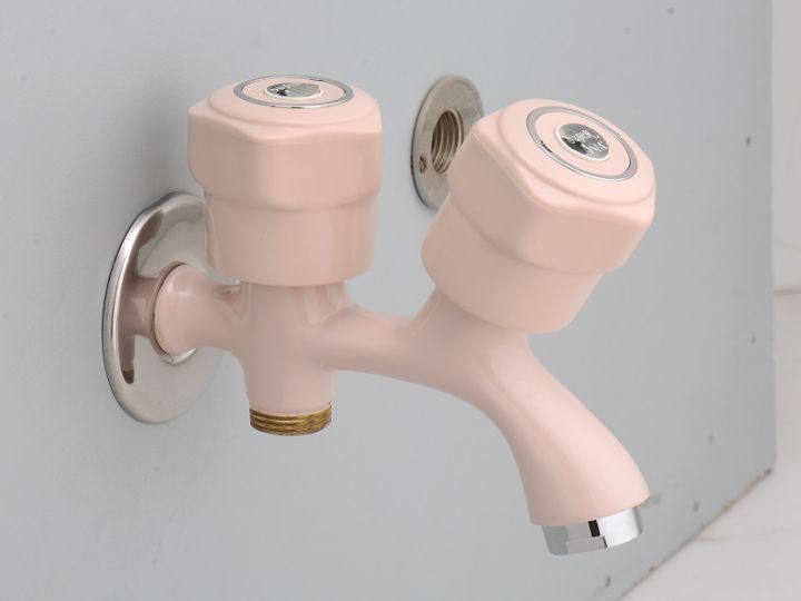 Original Brass Double Bibcock Double Tap Toilet Double Tap Pink, Badge Color