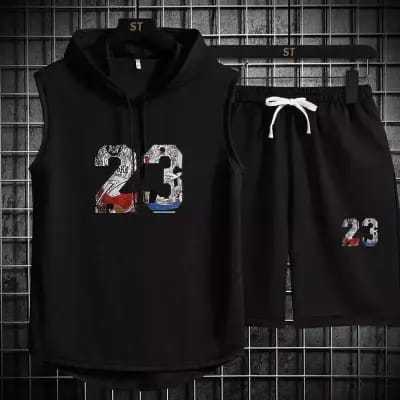 Hoodies Casual 23 Number Of  Printed Sports Sleeveless summer Track Suit For Men's & Boys Black T-shirt & Black Shorts