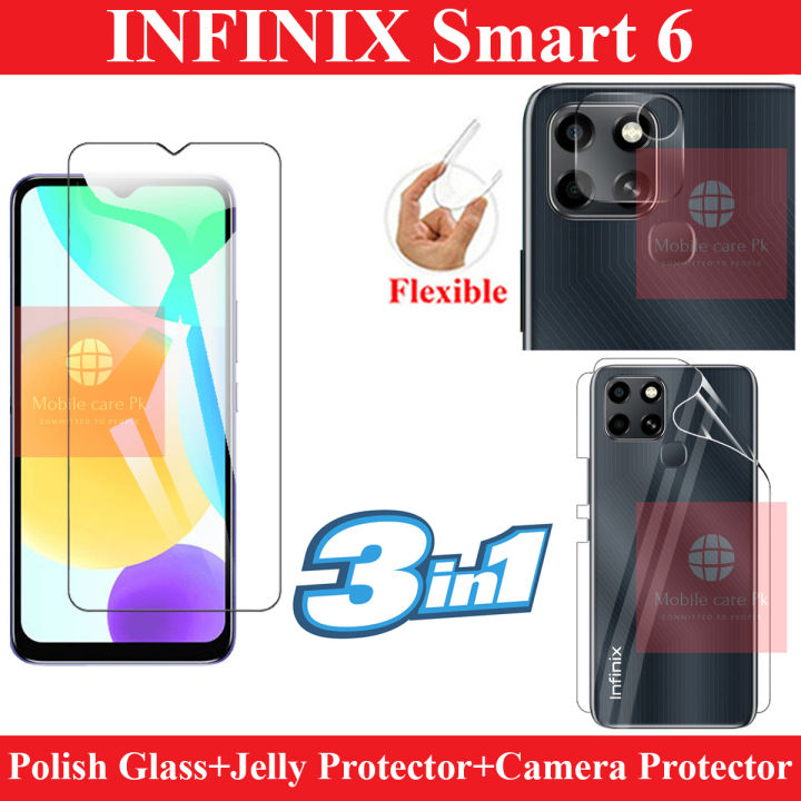 Infinix Smart 6 Polish Glass Screen Protector + Back Clear Jelly Protector Soft Skin Sheet + Camera Glass Protector Flexible Gorilla Lens Protector For Infinix Smart 6 - GadgetNow