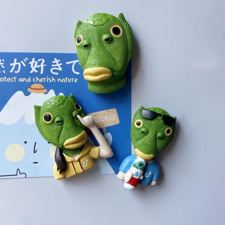 [4 free shipping] Douyin creative drinking water button nose green fish three-dimensional magnetic refrigerator stickers decorative net red magnets