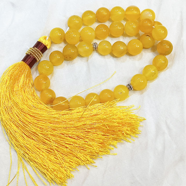 Yellow Color Aqeeq Stone Tasbeeh 33 Beads  (Size 12MM) - Fancy Men and women Choice Color Tasbih (Agates) muslim Agate zikr prayer Tasbeeh - handmade Rosary 12mm tasbi counter Stress Relaxation