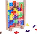 Wooden Blocks Puzzle Brain Teasers Toy, Intelligent Colorful 3D Plastic Blocks Game with Vertical Wood Frame Game Board, Tangram Educational Montessori Toys Gift for Kids Age 4-8 Years Old. 