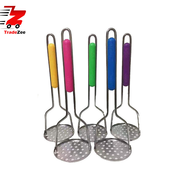 Multicolor Long Lasting Handle Kitchen Potato Masher (1 pc x Random Color) | Potato Masher Stainless steel potato and vegetable masher with plastic handle - assorted colors