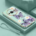 Redmi A3 Little Daisy Luxury Butterfly Flower Casing Square Edges Plating Back TPU Soft Case with Lanyard Cover. 