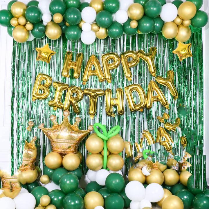 Lovely Green and Golden Birthday Theme Set Happy Birthday Foil 30 Pcs Balloons Foil Curtain Foil Crown Birthday Accessories Birthday party items Birthday Home Decors