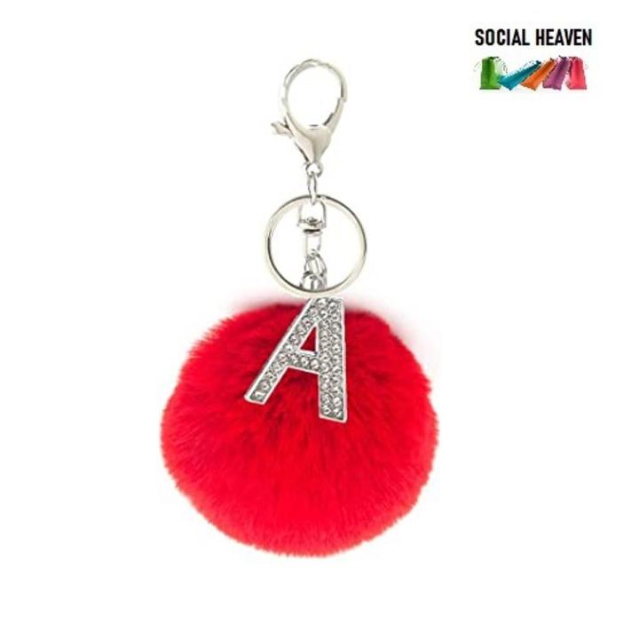 2 in 1 Fluffy Pom Pom Keychain Keyring with Crystal Letter Alphabet A for Backpack purse bags - Red
