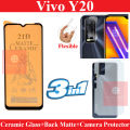 Vivo Y20 Glass Protector Matte Fiber unbreakable Glass + Back Protector Carbon Fiber Matte Soft Skin Sheet + Camera Glass Protector Fiber Glass For Vivo Y20. 