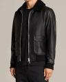 Black-Faux Leather/Furr Oban Aviator Jacket-For Men. 