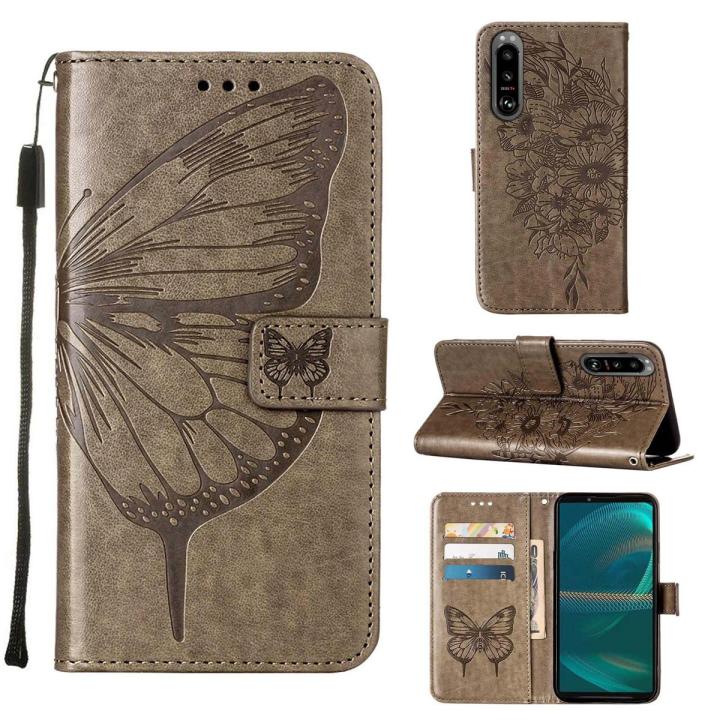 lthmy for Sony Xperia 5 III Butterfly PU Leather Flip Wallet Card Slots with Hand Strap Stand Cover case