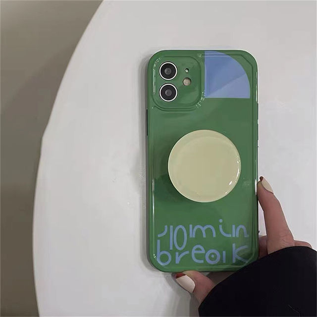 Korean Cute Circle Bracket Green Phone Case For iPhone 11 12 Pro XS Max X XR 7 8 Plus Holder Stylish Soft Silicone Back Cover