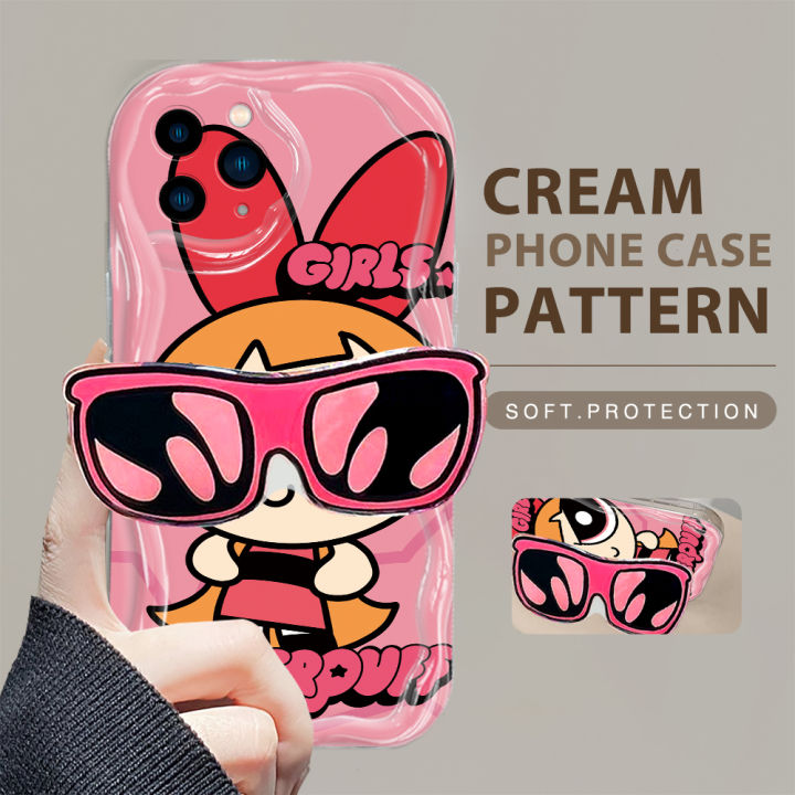 TA for iPhone 11 12 13 14 15 Pro Max Mini Plus Back Cover With Free Holder Powerpuff Girls Texture Phone Case Wavy Edge Soft Silicone Cover