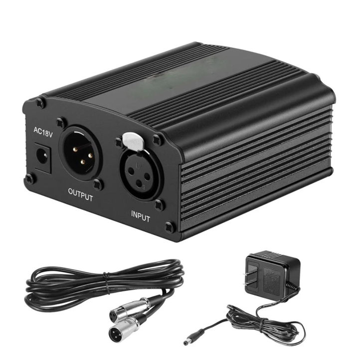 Energy - ENRG 48V Phantom Power Supply with Adapter for XLR 3 Pin Microphone Cable Male to Female Any Condenser Music Recording Equipment Black