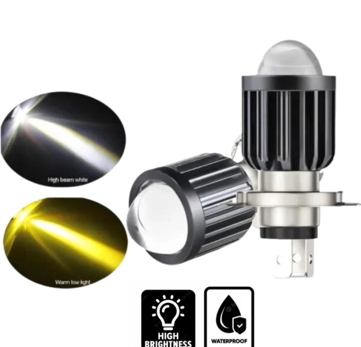 H4 Double Color Bulb, Super Bright Cree Led Chip Projector Lens Bulb H4 Fitting Laser Beam Spot Light Fog Light In Head Light Plug n Play ( Use On Battery ) 6000k High Beam 3000k lo Beam Universal Fitment Honda, Yamaha, Suzuki etc