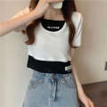 Super hot sleeved T shirt women's summer Korean version trendy internet celebrity student fake two short high waisted slim fit tops. 
