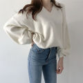 V-neck pullover solid color loose knit sweater for women's outerwear, slimming and versatile, lazy style sweater jacket. 