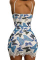 Women’s Summer  Suspender Dress Fresh Butterfly Floral Lace V-neck Backless High-waist Short Dress. 