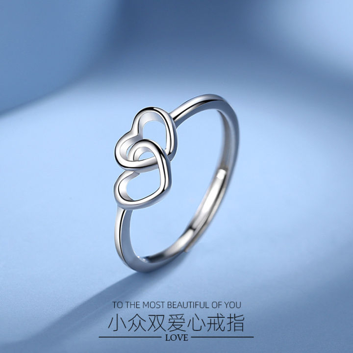 rings for girls S925 sterling silver heart-to-heart seal ring women's ins style simple fashion double heart Korean creative index finger ring