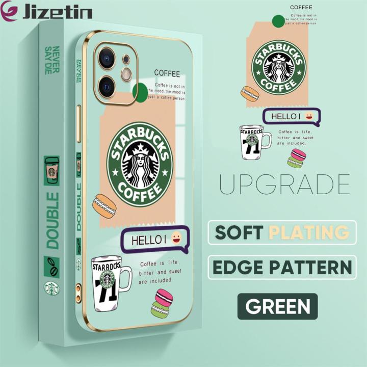 Jizetin (Free Lanyard) for iPhone 12 Mini Back Cover Coffee Macarons Luxury 6D Plating Case Side Pattern Soft Silicone Square Mobile Phone Cases