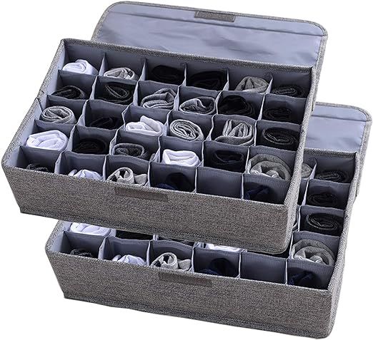 YETI Underwear Socks Storage Organizer with Lids Foldable Closet Drawer Divider 24 Cells, Storage Box for Socks Underwear