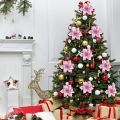 50 Pack Glitter Poinsettia Christ Tree Ornats 5Inch Artificial Silk Flowers Picks Decor Wreath Garland (Pink). 