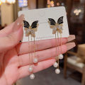 Black Butterfly Korean Temperament Aura Women's Long Tassel Drop Earrings Female Versatile Pearl Earrings for Girls. 
