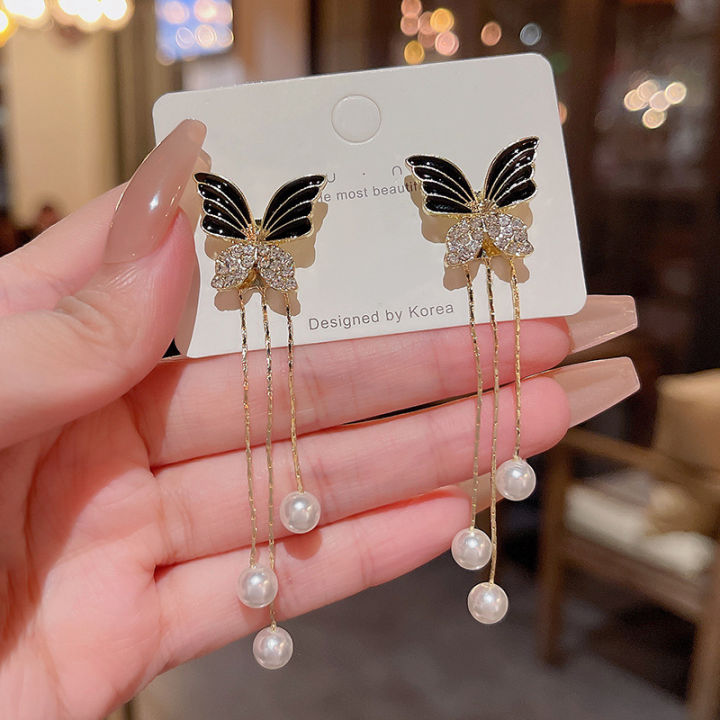 Black Butterfly Korean Temperament Aura Women's Long Tassel Drop Earrings Female Versatile Pearl Earrings for Girls