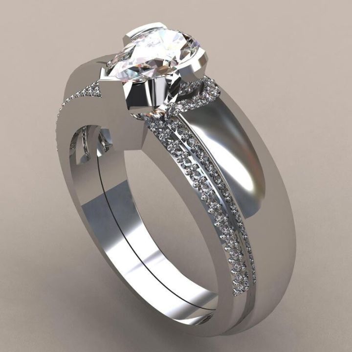 Exquisite Women Sier Color Waterdrop Metal Inlaid White Round Zicron Stones Ring Set Wedding Engagement Rings Jewelry