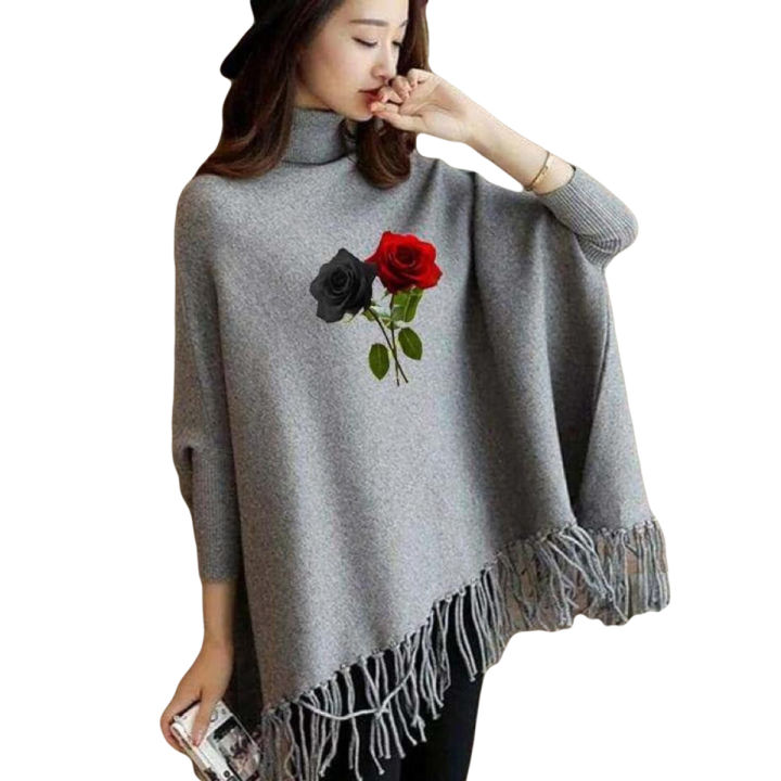 Grey Rose Printed Cape Shawl Style Poncho For winter