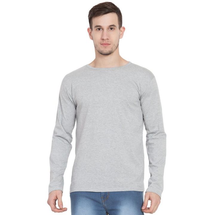 Basic Grey Round Neck Full Sleeves T-Shirt For Men