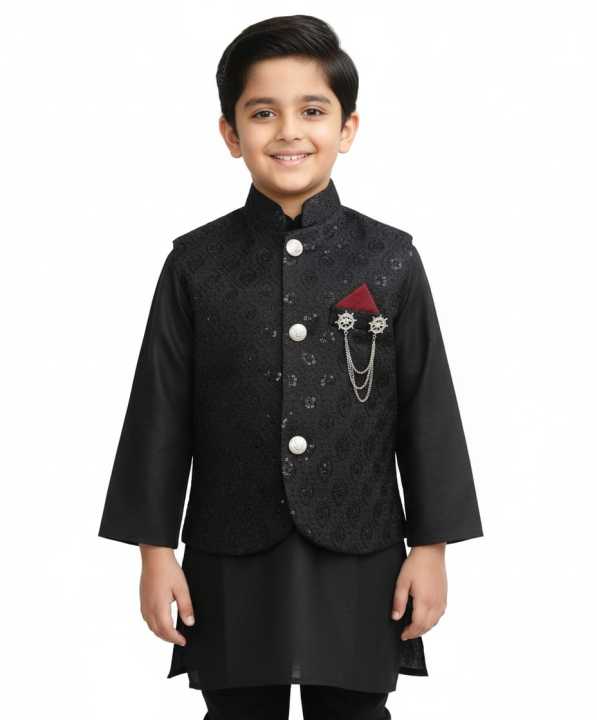 KIDS FOR Boys Fashion Clothing 4 Pieces Suits (Kurta Shalwar Waist coat and Brooch) Kids Fashion Age- 1 To 12 Years-BLACK SUIT AND BLACK SEQUIN WAIST COAT