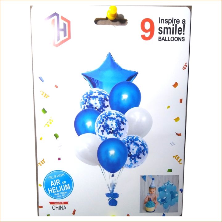 Blue Themed Foil, Confetti & Latex balloons (9pcs Set) with free Blue Ribbon for Birthday party, Anniversary, Surprise Party, Baby Shower, Party Decorations (Inspire a Smile Balloons)
