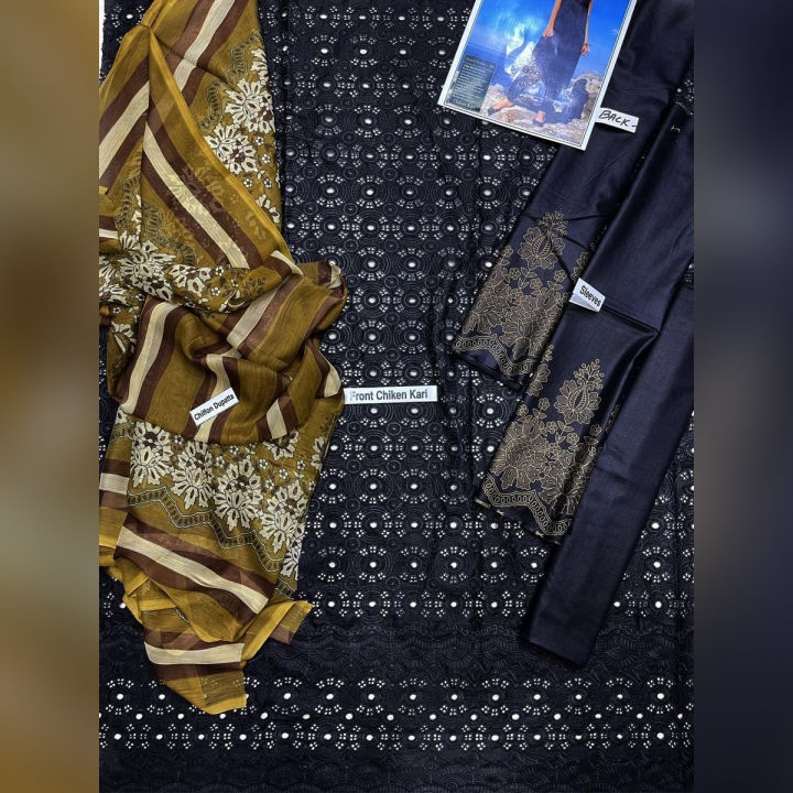 3Pc Unstitched Classic Khadar Suit with Embroidered Neck and Printed Dupatta latest design