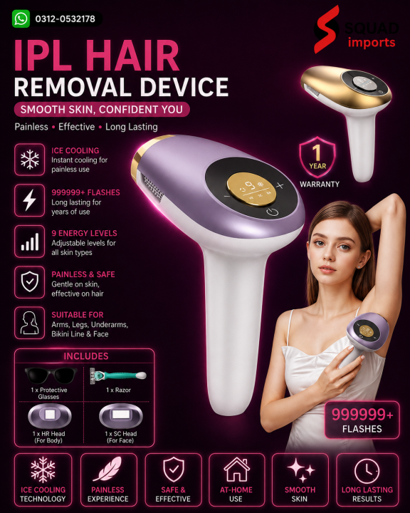 Squad Imports IPL Hair Removal Device 999,999 Flashes | 10 Adjustable Levels | Painless Hair Remover for Face & Body